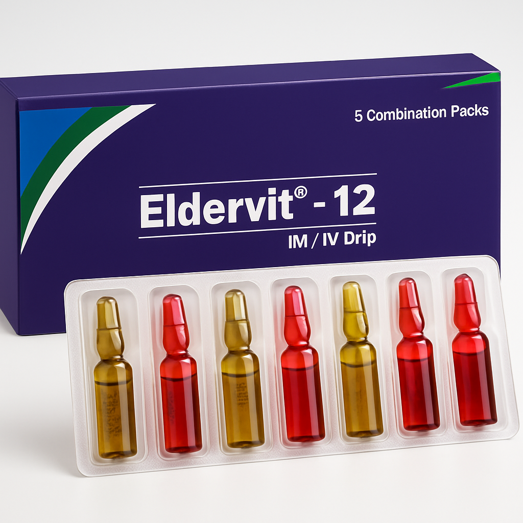 ELDERVIT-12 injection 5 x 2 Ampoules B12 2500mcg, Vitamin C 150mg, Folic Acid & Niacinamide IM / IV